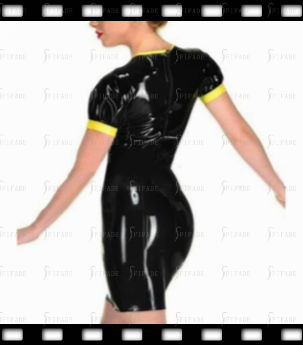 Latex Dress Mini Length Pencil Skirts Square Neck Short Sleeves Yellow Trims Back Zip Customized 0.4mm