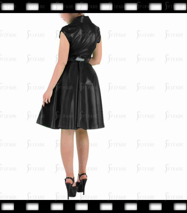 Latex Dress Tend Mid Length Pleated Skirts V Neck Front Snap Buttons Customized 0.4mm