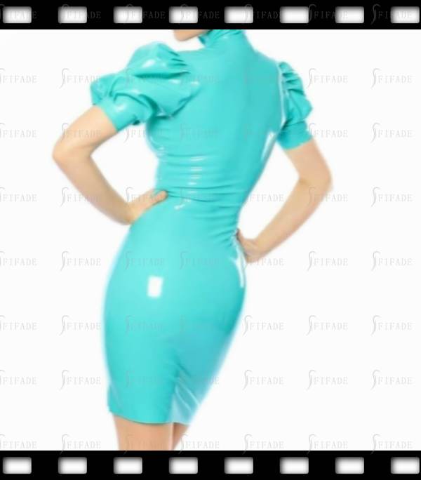 Latex Dress High Neck Mid Length Skirts Short Puff Sleeves Front 2 way Long Zip 0.4mm