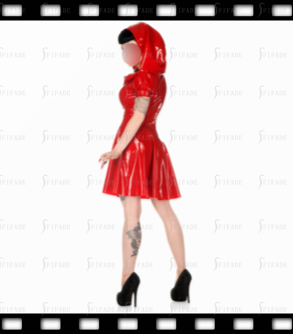 Latex Hoodie Dress Short Length Sun Skirts Hot Red Cosplay Customized Front Zip 0.4mm