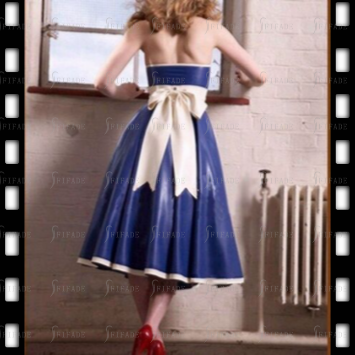 Latex Sun Dress Back Big Bowknot Jumper Dress Princess Wide Halter Style No Zip Customized 0.4mm