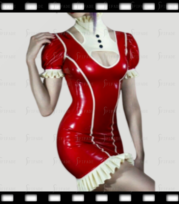 Latex Dress Unique Neck Style Short Sleeves Hot Red Sexy with White Ruffles Back Zip Customized 0.4mm