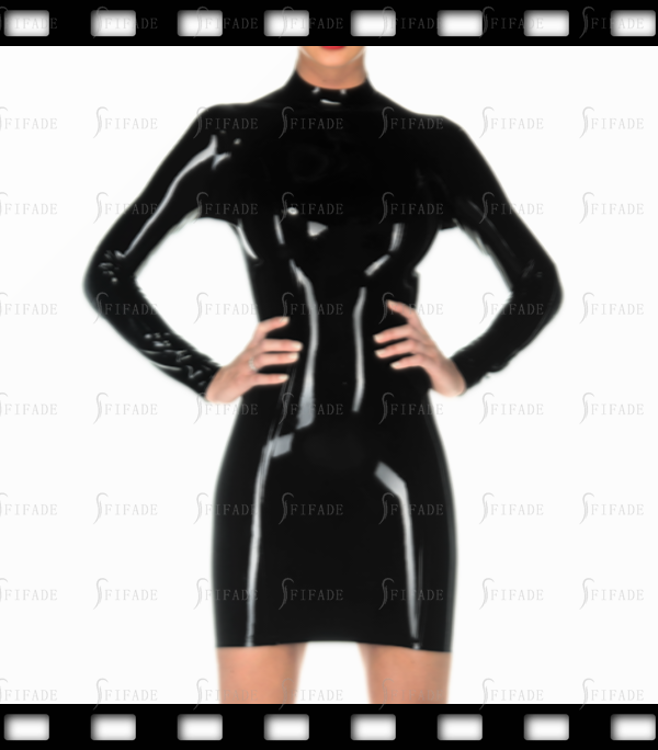 Latex Basic Dress Long Sleeves Mid Length Pencil Skirts Fitted Slim Back Zip Customized 0.4mm