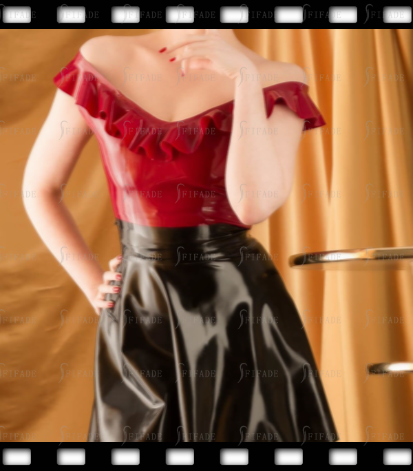 Latex Dress Short Length Off Shoulder Ruffles Back Zip Pleated Customized 0.4mm
