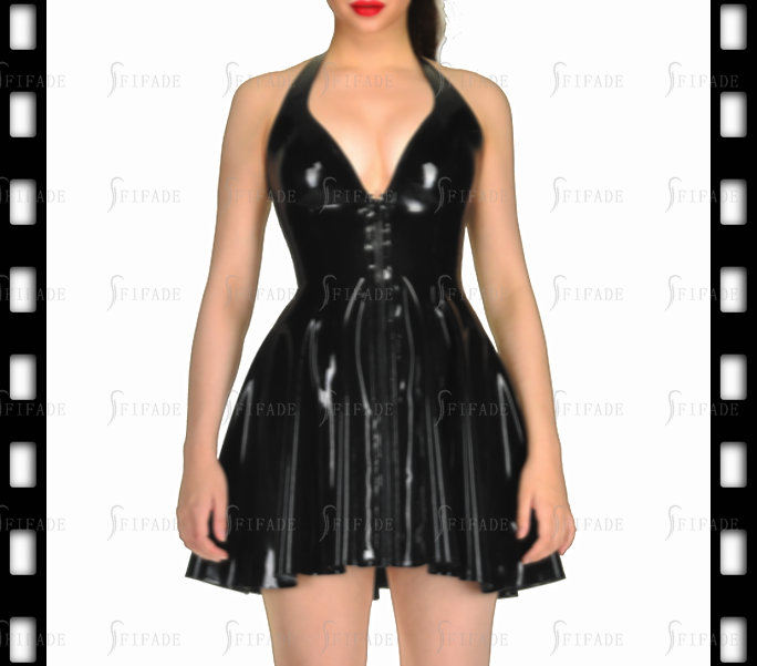 Latex Halter Dress Mini Length Pleated Skirts Deep V Princess Cutting Front Zip Customized 0.4mm