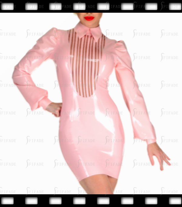 Latex Shirt Neck Dress Puff Long Sleeves Front Neck Trims Back Long Zip Customized 0.4mm