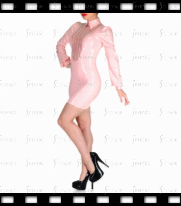 Latex Shirt Neck Dress Puff Long Sleeves Front Neck Trims Back Long Zip Customized 0.4mm