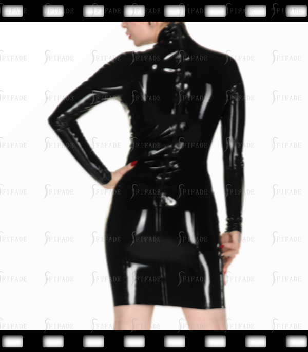 Latex Dress Long Sleeves 3D Cup Mid Length Pencil Skirts Fitted Slim Back Zip Customized 0.4mm