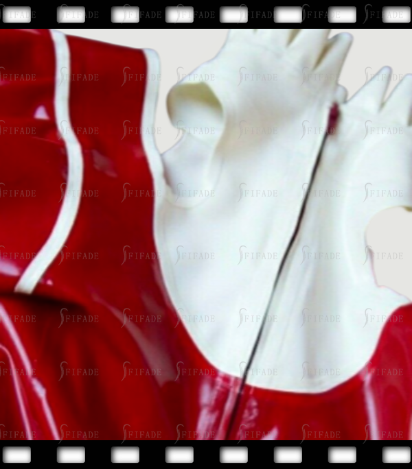 Latex Dress Unique Neck Style Short Sleeves Hot Red Sexy with White Ruffles Back Zip Customized 0.4mm