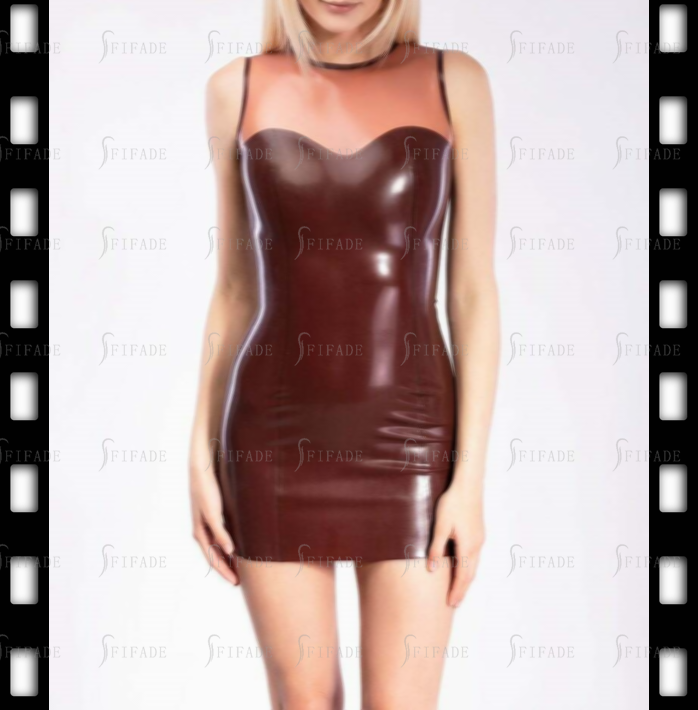Latex Sheath Dress Contrasting Colors Around Neck Mini Length Sleeveless Skirts Customized No Zip 0.4mm