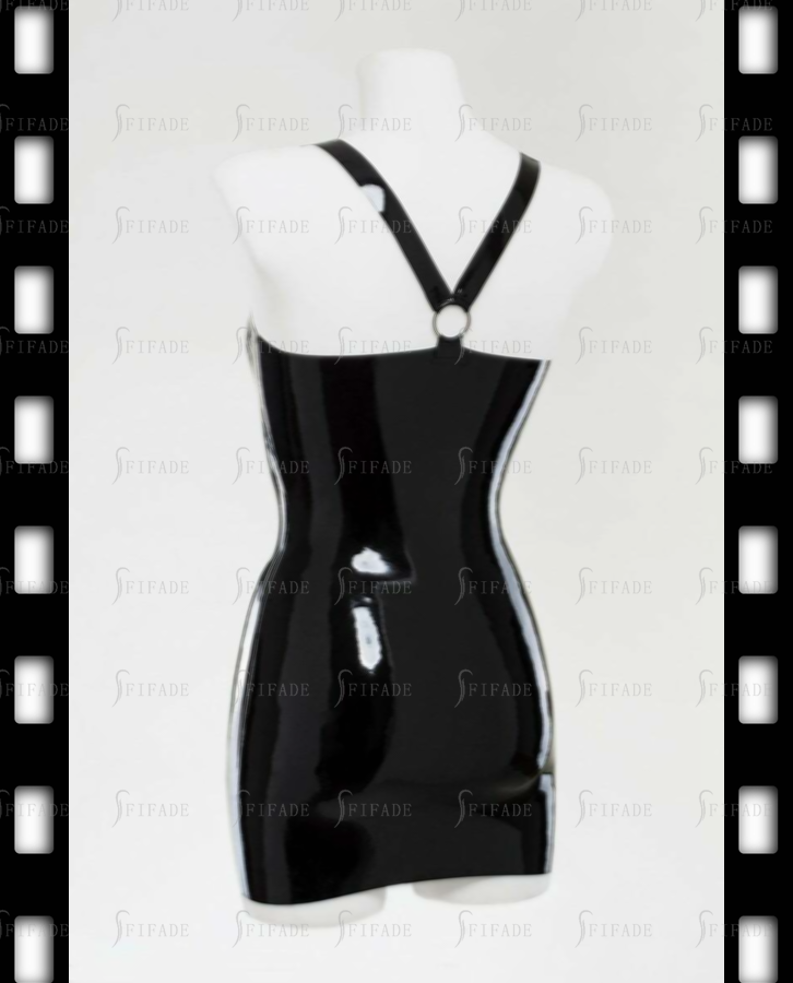 Latex Slip Dress Mini Length Cross O-Ring Straps Black Classic Sexy Customized 0.4mm