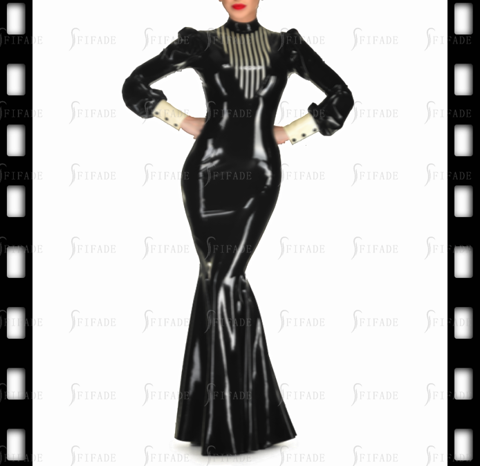 Latex Full Length Black Evening Gown Tops Trims Bottom Pleated Back Zip Customized 0.4mm