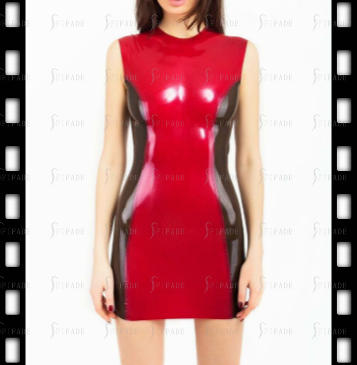 Latex Sheath Dress Contrasting Colors Around Neck Mini Length Customized No Zip 0.4mm