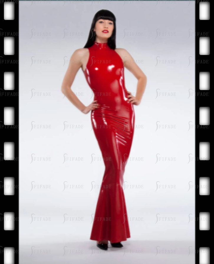 Latex Dress Full Length Backless Fish Tail High Neck Back Snap Neck Customized 0.4mm