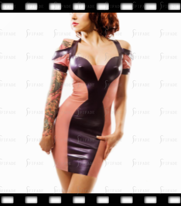 Latex Shirt Dress Mini Length Cold Shoulder V Neck Back Zip Customized 0.4mm