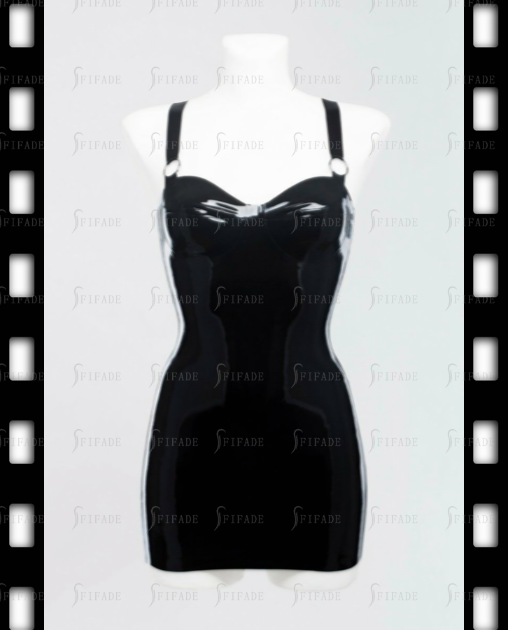 Latex Slip Dress Mini Length Cross O-Ring Straps Black Classic Sexy Customized 0.4mm