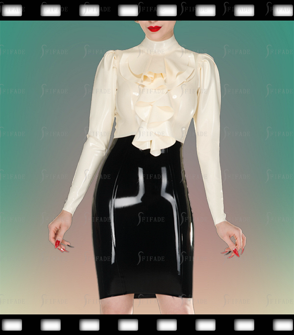 Latex Shirt Dress Short Length High Neck Double Layer Ruffles Deco Back Zip Customized 0.4mm