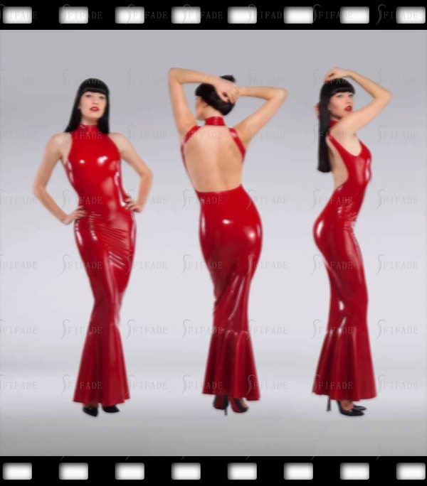 Latex Dress Full Length Backless Fish Tail High Neck Back Snap Neck Customized 0.4mm