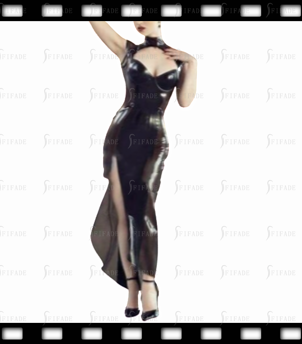 Latex Lady Dress Ankle Length Contrasting Colors High Split Style Backless Short Zip Customized 0.4mm