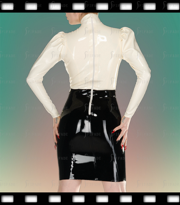 Latex Shirt Dress Short Length High Neck Double Layer Ruffles Deco Back Zip Customized 0.4mm