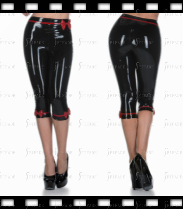 Latex Capri for Womens Bowknot Deco Below Skinny Medium Pants No Zip Customized 0.4mm