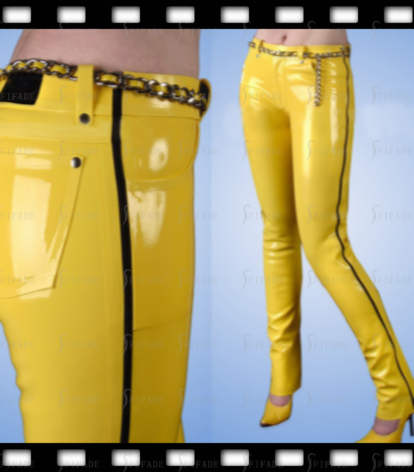Latex Jeans Bootcut Style Side Long Zip Yellow Color Unisex Cool Customized 0.4mm