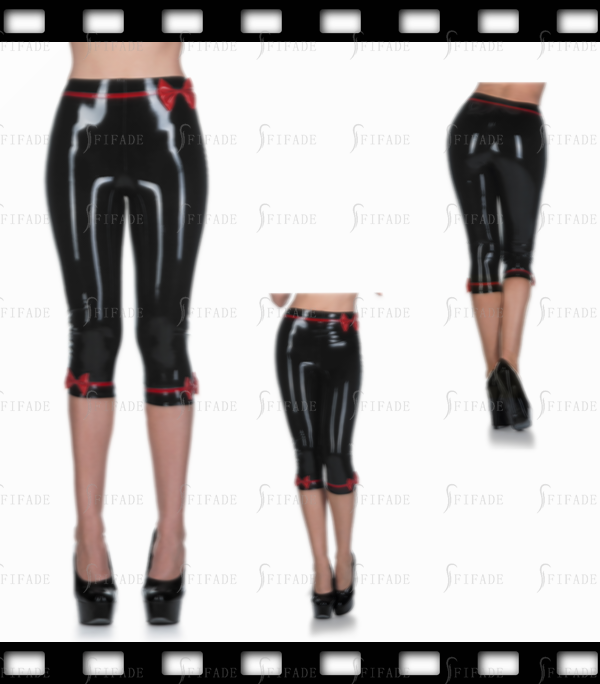 Latex Capri for Womens Bowknot Deco Below Skinny Medium Pants No Zip Customized 0.4mm