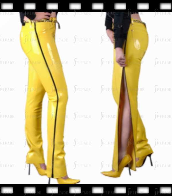 Latex Jeans Bootcut Style Side Long Zip Yellow Color Unisex Cool Customized 0.4mm