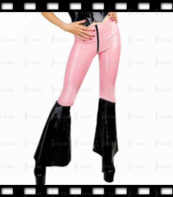 Latex Pants Flared Style Below Knee Contrasting Color Front Zip Cool Customized 0.4mm