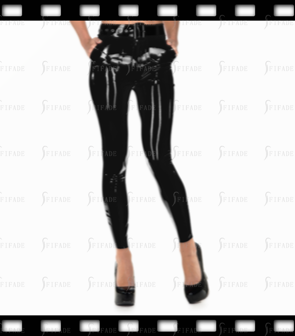 Latex Women's Pants Black Classic Slim Jeans Front Zip Customized 0.4mm