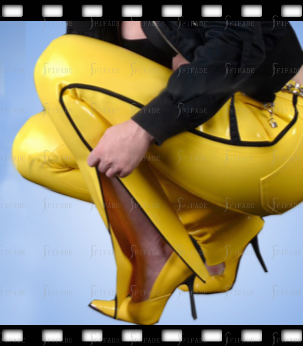 Latex Jeans Bootcut Style Side Long Zip Yellow Color Unisex Cool Customized 0.4mm