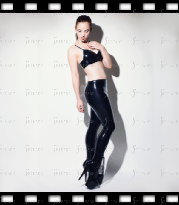 Latex Classic Black Leggings with Socks Mid Waist Line Pull On Style Customized 0.4mm