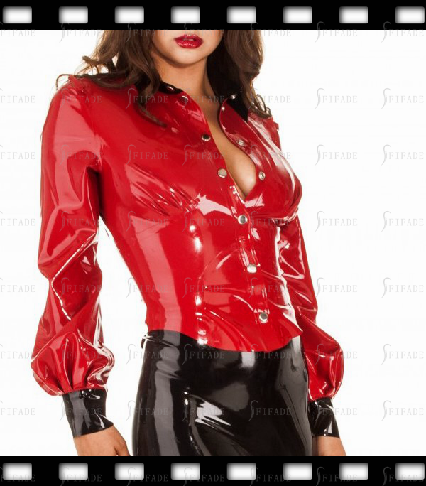 Latex Blouse Snap Buttons Cup Pleated Cuffed Sleeves Contrasting Neck Sexy Red Customized 0.4mm