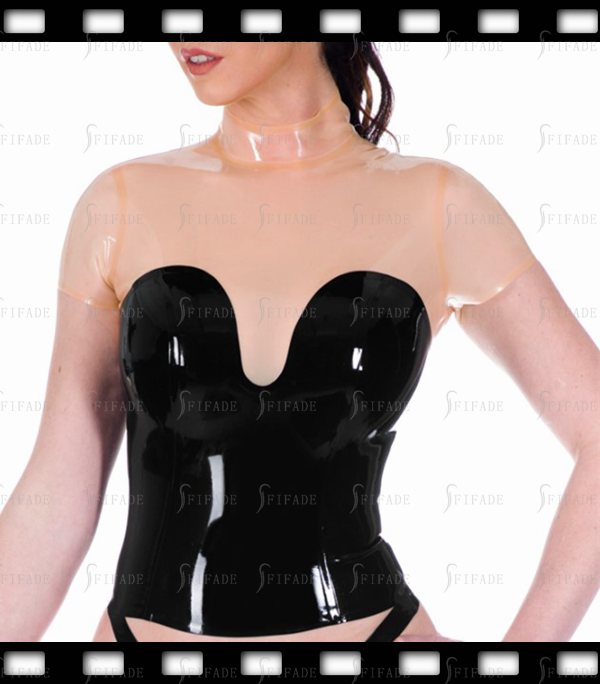 Latex Women Tops Contrasting Color Short Sleeves T-shirt High Neck Back Zip Customized 0.4mm