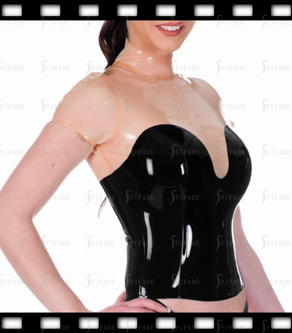 Latex Women Tops Contrasting Color Short Sleeves T-shirt High Neck Back Zip Customized 0.4mm