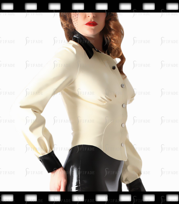 Latex Blouse Snap Buttons Cup Pleated Cuffed Sleeves Contrasting Neck Color Customized 0.4mm