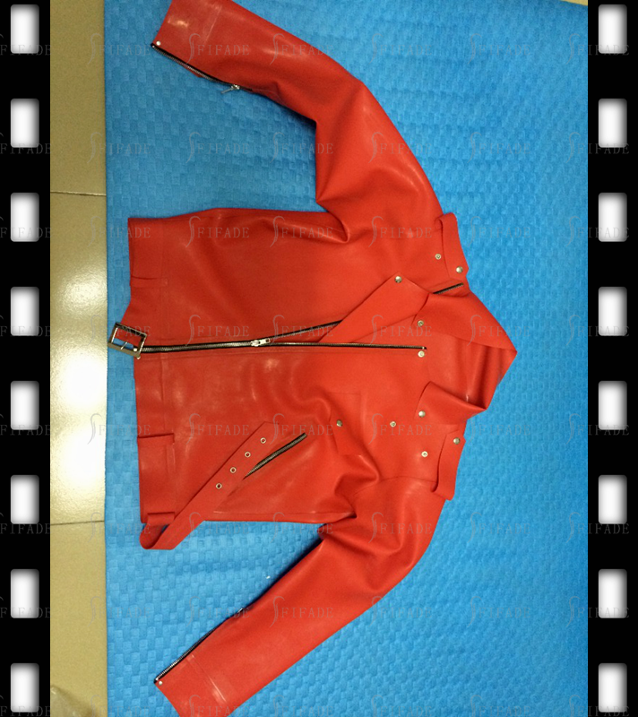Latex Jacket Dark Red Unisex High Waist Band Coat 1 Pocket Unique Cool Customized 0.4mm