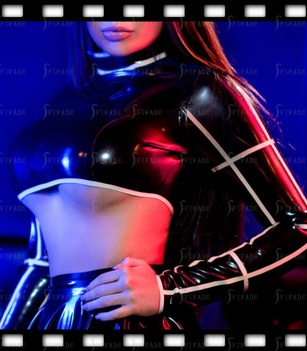 Latex T-shirt with White Trims Lower Bust Line Back Short Zip Customized 0.4