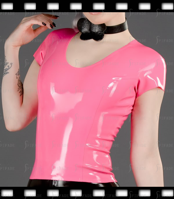 Latex Women's T-shirt Short Sleeves Scoop Neck Rear Zip Tops Cosplay Costumes Customized 0.4mm