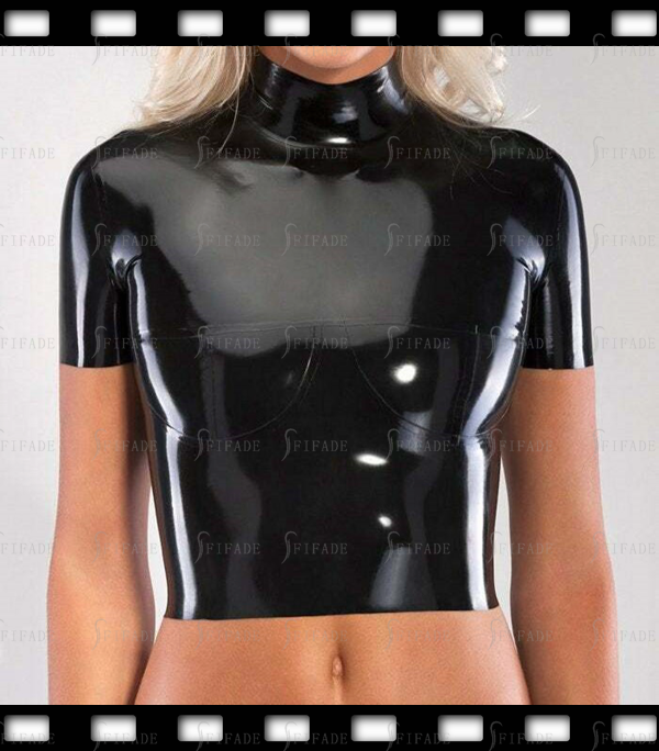 Latex Women's T-shirt Short Sleeves High Neck Waist Tops No Zip Neck Entry Customized 0.4mm