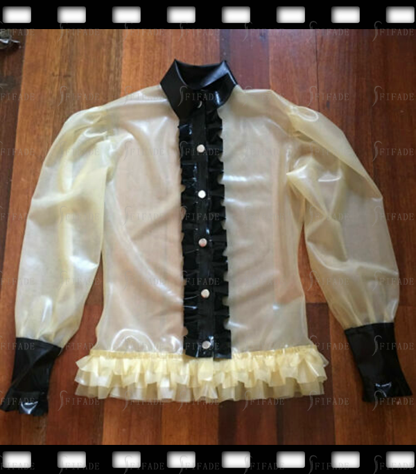 Latex Ruffles Shirts Sexy Transparent Front Snap Buttons Sexy Customized 0.4mm