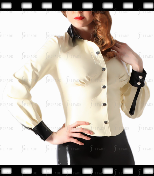 Latex Blouse Snap Buttons Cup Pleated Cuffed Sleeves Contrasting Neck Color Customized 0.4mm