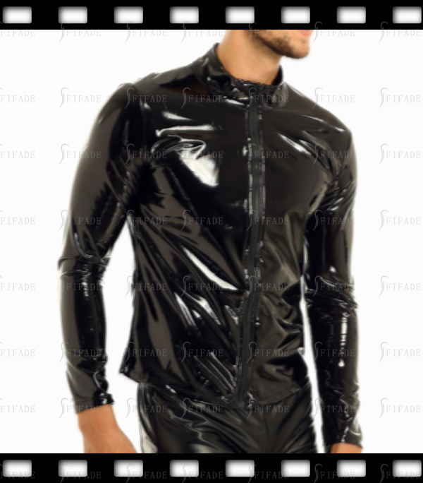 Latex T-shirt for Men Long Sleeves Slim Fitted Stand-away Neck Customized 0.4mm