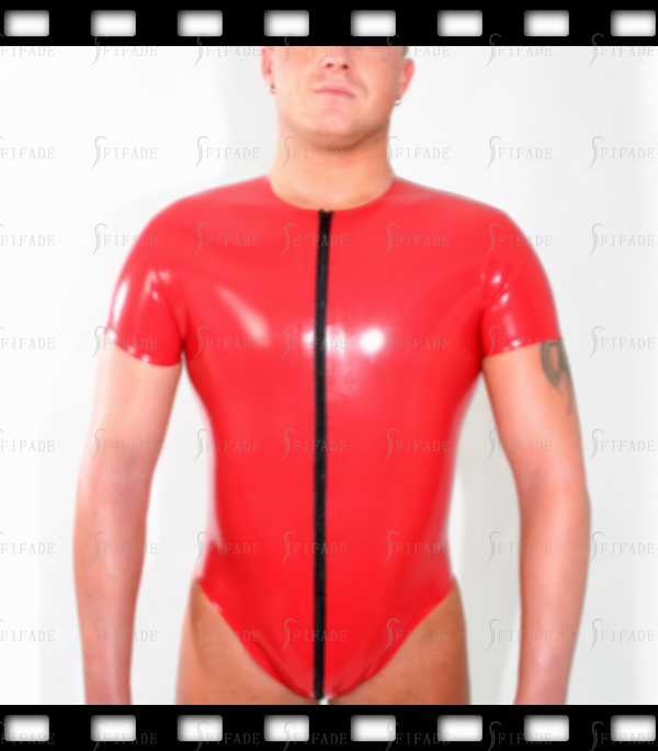 Latex leotard for Men Briefs Bottom Style Short Sleeves Around 2 Way Long Zip Customized 0.4mm