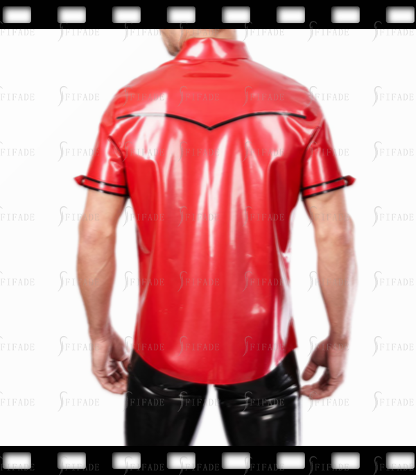 Latex Loose Shirts Hot Red Short Sleeves Fake Pockets with Shoulder Girdles Customize 0.4mm