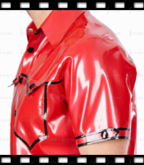 Latex Loose Shirts Hot Red Short Sleeves Fake Pockets with Shoulder Girdles Customize 0.4mm