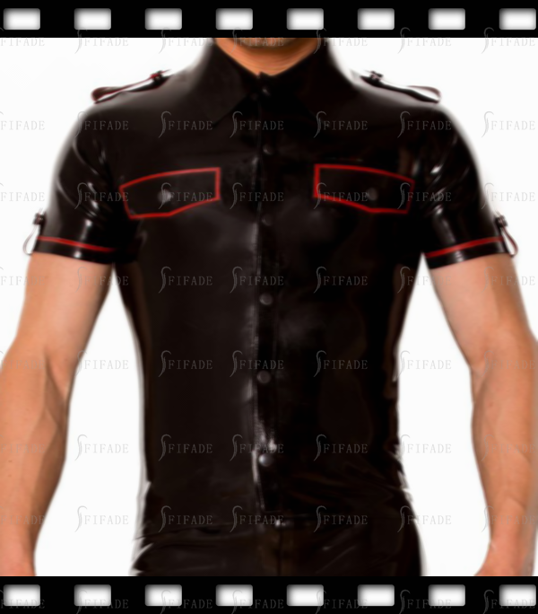 Latex Shirts Men's Short Sleeves Fake Pockets with Shoulder Girdles Fitted Slim Customize 0.4mm