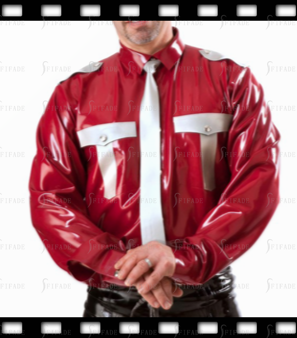 Latex Shirts Men's Long Sleeves Tops Fake Pockets with Shoulder Girdles Customize 0.4mm