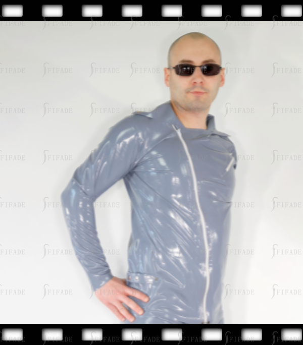 Latex Coat for Men Long Straight Sleeves Side Zip Skirts Neck Customized 0.4mm