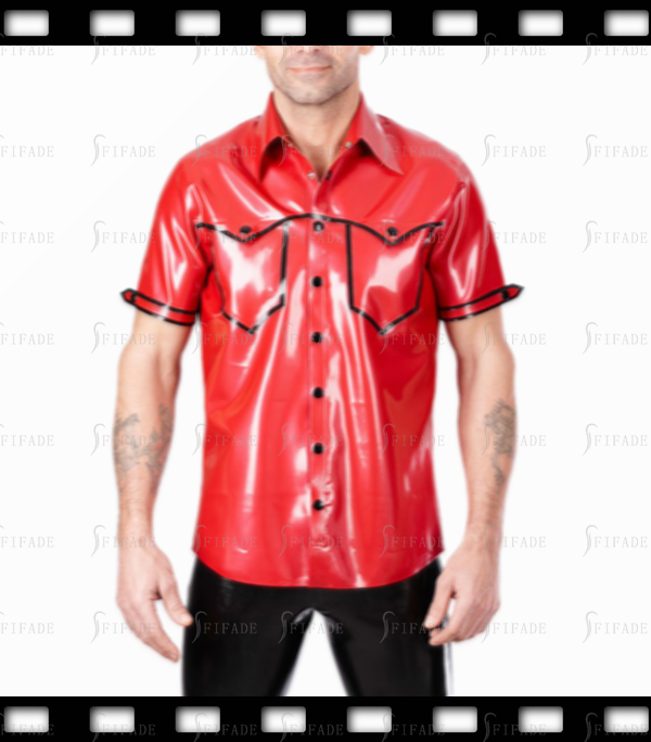 Latex Loose Shirts Hot Red Short Sleeves Fake Pockets with Shoulder Girdles Customize 0.4mm